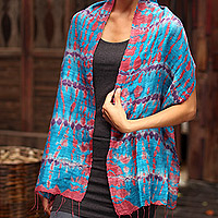 Silk scarf, 'Azure Wilderness' - Silk Patterned Scarf from Thailand