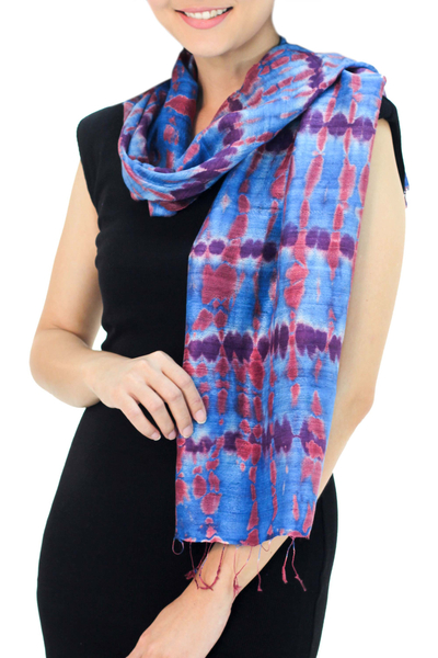 Silk scarf, 'Azure Wilderness' - Silk Patterned Scarf from Thailand