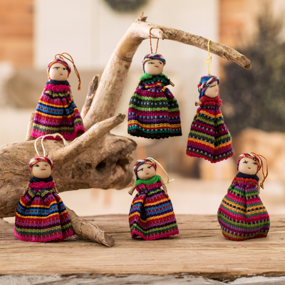 Baumwollornamente, „Sorgenpuppen“ (6er-Set) - Set mit 6 handgefertigten guatemaltekischen Sorgenpuppen-Ornamenten