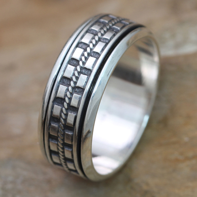 Men's sterling silver meditation spinner ring, 'Long Journey' - Hand Crafted Sterling Silver Spinner Meditation Ring for Men