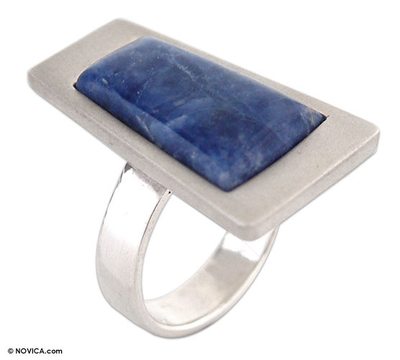Sodalite cocktail ring, 'Gate to the Sky' - Unique Peruvian Silver and Sodalite Cocktail Ring