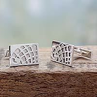 Sterling silver cufflinks, 'Globetrotter' - Modern Sterling Silver Cufflinks Men's Jewelry