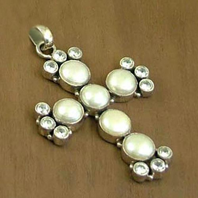 Cultured pearl cross pendant, 'Radiant Cross' - Cultured Pearl and CZ Cross Pendant