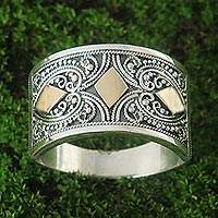 Gold accent sterling silver band ring, 'Stars Over Bali'