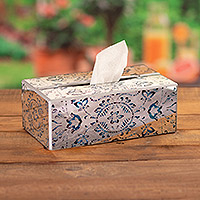 Reverse painted glass tissue box cover, 'Angelic Blue' - Reverse Painted Glass Floral Tissue Box Cover from Peru