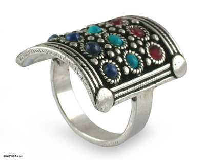Lapis and carnelian cocktail ring, 'Glorious' - Bold Silver Ring with Lapis Lazuli Carnelian Turquoise
