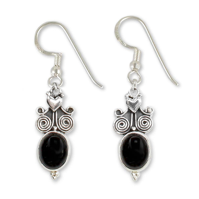 Onyx dangle earrings, 'Black Lotus' - Hand Made Sterling Silver Onyx Dangle Earrings
