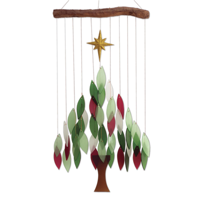 Glass wind chime, 'Sounds of the Season' - Glass Christmas Tree Wind Chime