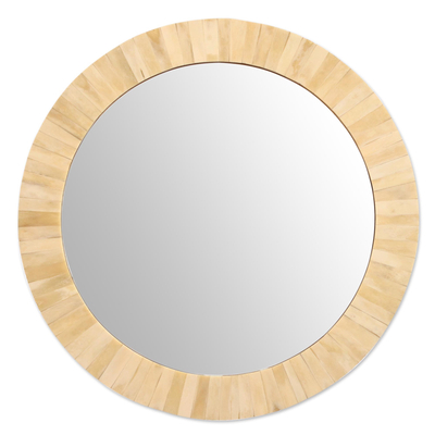 Bone mirror, 'Harvest Moon' - Handcrafted Round Carved Bone Mirror 