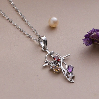 Rhodium plated multi-gemstone pendant necklace, 'Sacred Trinity' - Rhodium Plated Garnet Amethyst and Citrine Cross Necklace