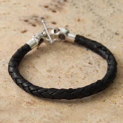 Silver and leather braided bracelet, 'Jaguar' - Unisex 950 Silver and Leather Bracelet