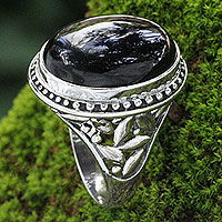Onyx ring, 'Black Bamboo' - Onyx and Silver Ring from Indonesia