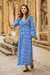 Cotton maxi dress, 'Carefree Comfort' - Blue and White Print 100% Cotton Long Sleeve Maxi Dress thumbail