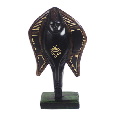 African wood mask, 'Obrempon Royalty' - Hand-Carved African Wood Mask on a Stand from Ghana