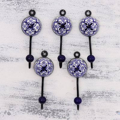 Ceramic coat hooks, 'Charming Petals' (set of 5) - Five Hand-Painted Ceramic and Brass Coat Hooks from India