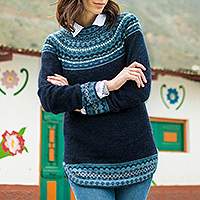 Featured review for 100% alpaca sweater, Playful Navy Blue