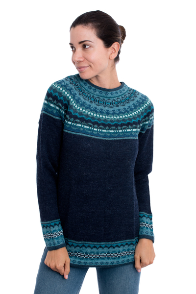 100% alpaca sweater, 'Playful Navy Blue' - Navy Blue 100% Alpaca Pullover Patterned Peruvian Sweater