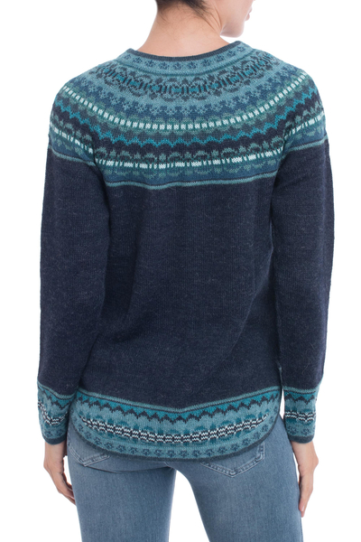 pullover aus 100 % Alpaka, „Playful Navy Blue“ – Marineblauer gemusterter peruanischer Pullover aus 100 % Alpaka