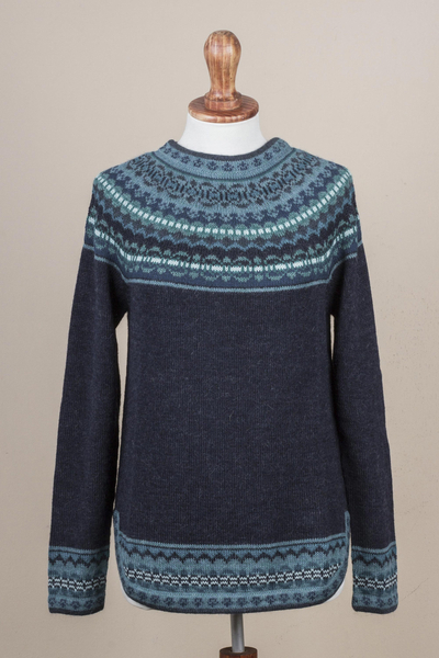 pullover aus 100 % Alpaka, „Playful Navy Blue“ – Marineblauer gemusterter peruanischer Pullover aus 100 % Alpaka