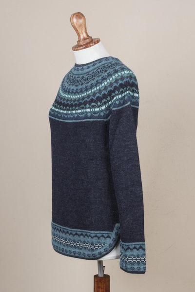 Jersey 100% alpaca - Suéter peruano estampado pullover azul marino 100% alpaca
