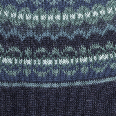 100% alpaca sweater, 'Playful Navy Blue' - Navy Blue 100% Alpaca Pullover Patterned Peruvian Sweater