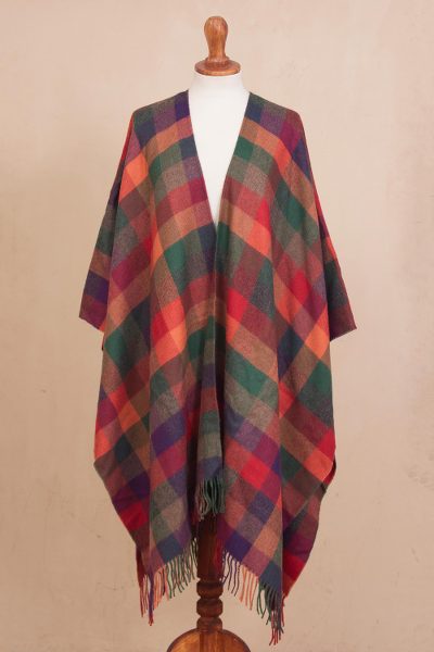 100% baby alpaca ruana, 'Colorful Checks' - Multicolored Checked 100% Baby Alpaca Ruana from Peru