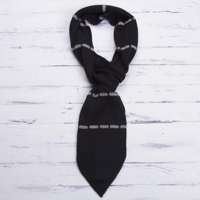 Men's 100% alpaca scarf, 'Elegant Man in Black' - Hand-Knit Men's Striped 100% Alpaca Scarf in Black from Peru