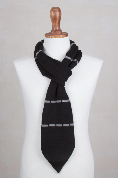 Men's 100% alpaca scarf, 'Elegant Man in Black' - Hand-Knit Men's Striped 100% Alpaca Scarf in Black from Peru