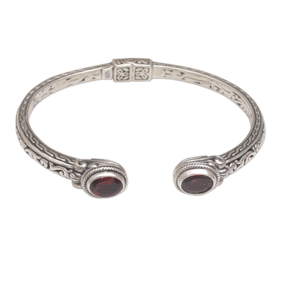 Garnet cuff bracelet, 'Magical Attraction' - Garnet and Sterling Silver Hinged Cuff Bracelet from Bali