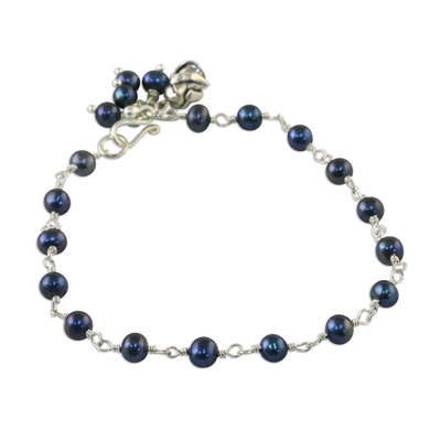 Pearl floral bracelet, 'Black Rose Horizon' - Pearl and Silver Bracelet