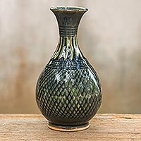 Celadon ceramic vase, 'Glamorous Celebration' - Hand Made Celadon Ceramic Vase from Thailand