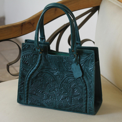 Lederhandtasche - Handgefertigte waldgrüne Handtasche mit geprägtem Ledergriff