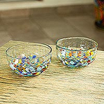 2 Artisan Crafted Colorful Mexican Hand Blown Bowls Set, 'Confetti Festival'
