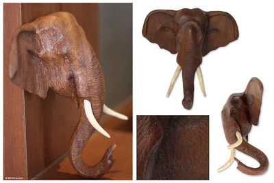 Teak wall sculpture, 'Elephant Guardian' - Thai Teak Wood Wall Sculpture