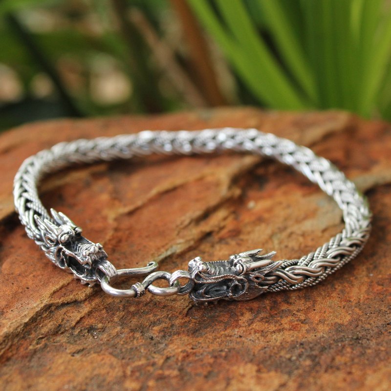 Men's Unique Sterling Silver Dragon Bracelet, 'Powerful Nagas'