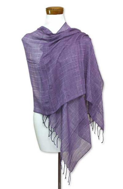 Cotton shawl, 'Purple Paths' - Hand Loomed Cotton Purple Shawl