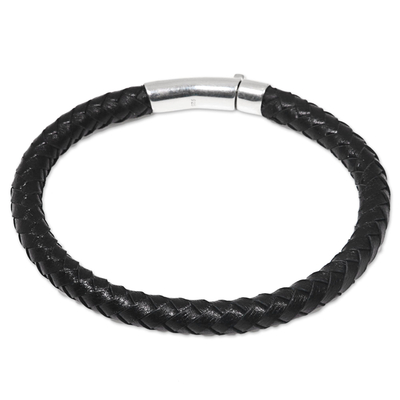 Men's sterling silver accented leather bracelet, 'Brick Road in Black' - Men's Leather Sterling Silver Braided Bracelet Indonesia