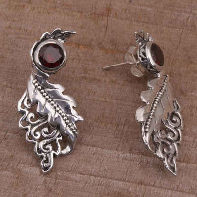 Garnet drop earrings, 'Leaf Majesty' - Leafy Garnet and Sterling Silver Drop Earrings from Bali