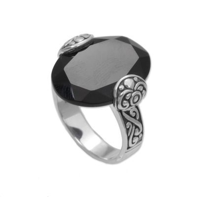 Onyx cocktail ring, 'Mysterious Oval' - Oval Onyx and Sterling Silver Cocktail Ring from Bali