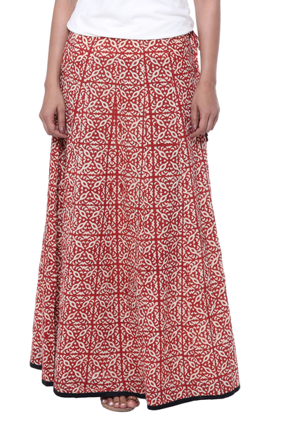 Cotton maxi skirt, 'Blissful Beauty' - Red and Ivory 100% Cotton Drawstring Skirt from India