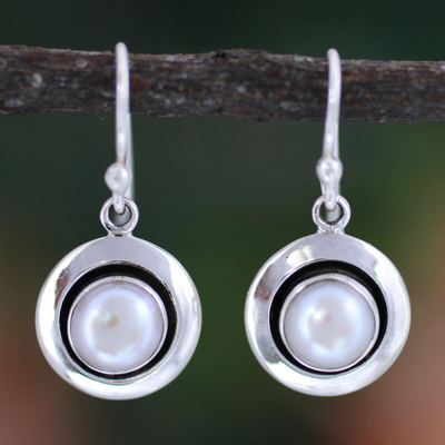 Pearl dangle earrings, 'Jaipur Magic Moon' - Artisan Pearl Jewelry Earrings from India