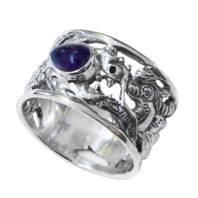 Amethyst band ring, 'Dragon Guardian' - Sterling Silver and Amethyst Band Ring