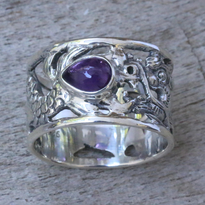 Amethyst band ring, 'Dragon Guardian' - Sterling Silver and Amethyst Band Ring