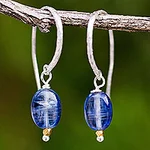 Kyanite on Sterling Silver Hook Earrings with 24k Gold Beads, 'Accents'