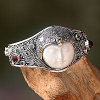 Peridot and carnelian cuff bracelet, 'Moon Queen' - Handmade Cuff Bracelet with Gemstones, Bone, and Silver