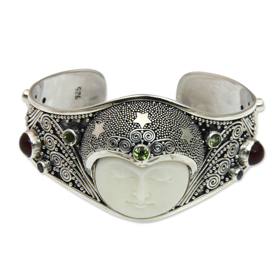 Peridot and carnelian cuff bracelet, 'Moon Queen' - Handmade Cuff Bracelet with Gemstones, Bone, and Silver