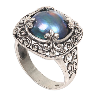 Cultured mabe pearl cocktail ring, 'Blue Lunar' - Mabe Pearl and Sterling Silver Floral Motif Cocktail Ring