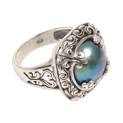 Cultured mabe pearl cocktail ring, 'Blue Lunar' - Mabe Pearl and Sterling Silver Floral Motif Cocktail Ring