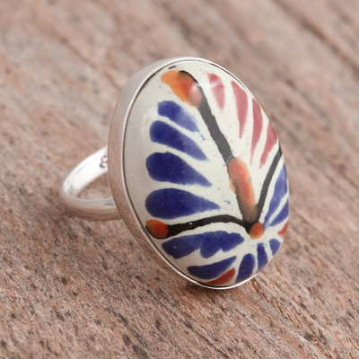 Ceramic cocktail ring, 'Harvest Bouquet' - Talavera-Style Blue and Orange Oval Ceramic Cocktail Ring