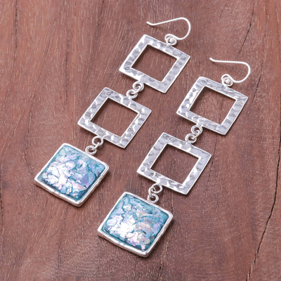 Roman glass dangle earrings, 'Triple Frame' - Square Roman Glass Dangle Earrings from Thailand